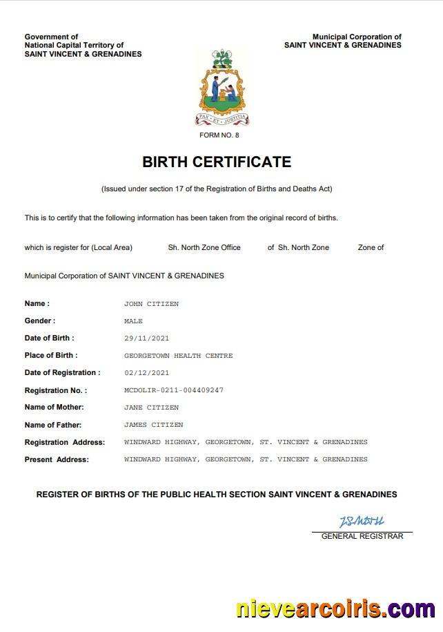Saint Vincent & Grenadines vital record birth certificate